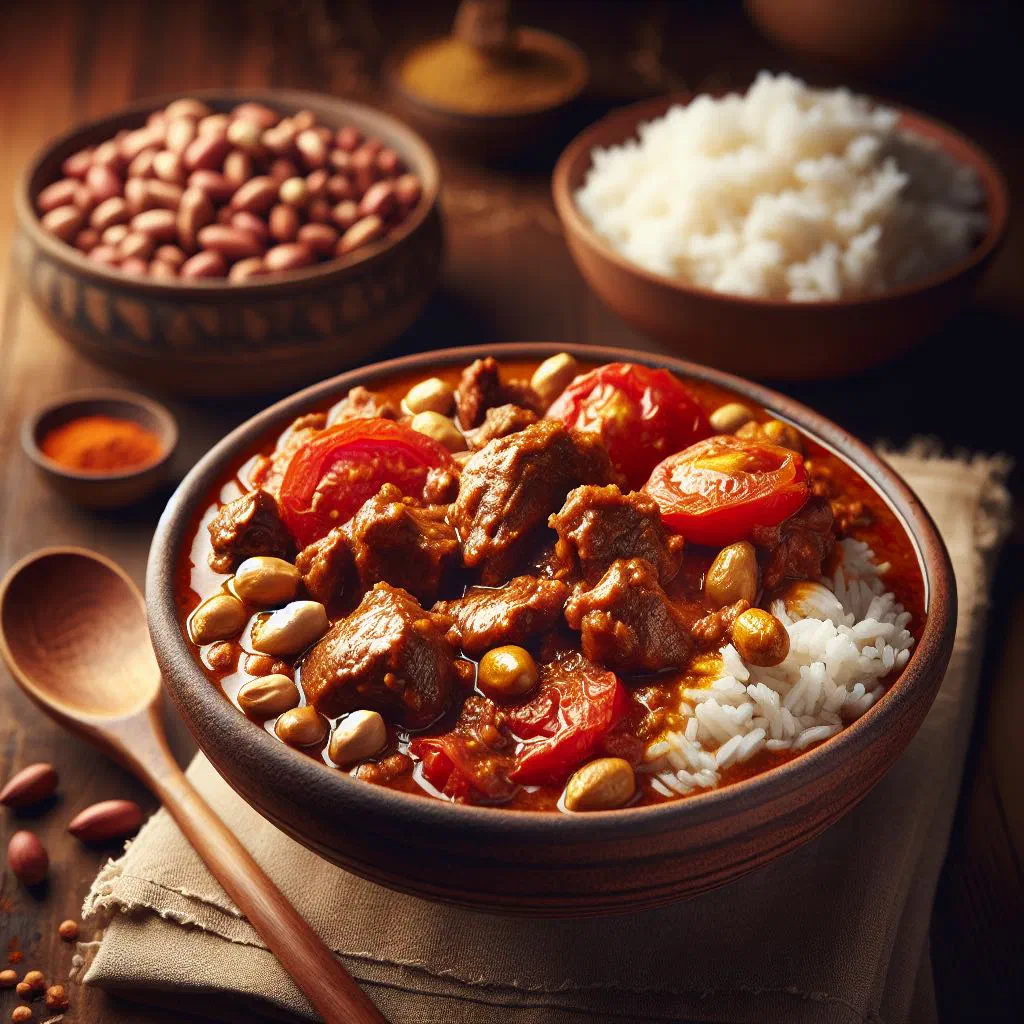 Bowl of Mafe peanut stew with tender beef, vegetables and rice