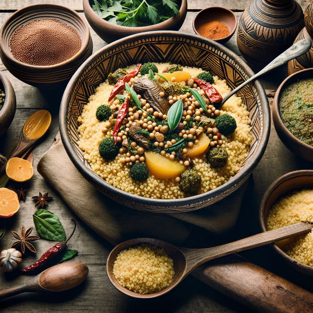 Steamed millet couscous with sautéed vegetables in a bowl