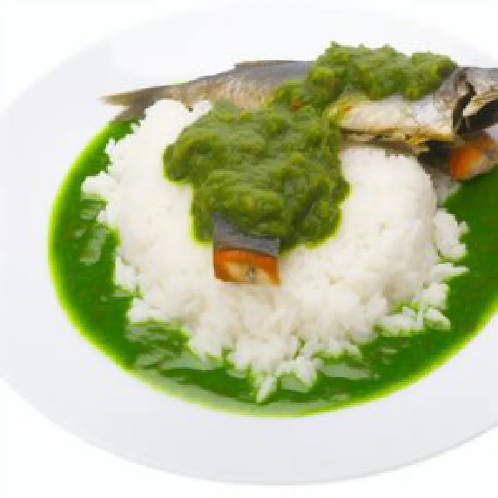Saka saka, a rich stew of cassava leaves with fish, served in a bowl