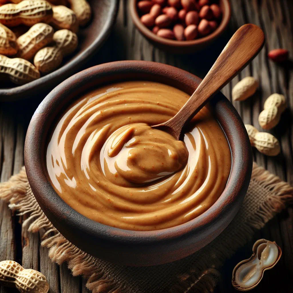 Creamy peanut sauce with diced vegetables served in a deep bowl