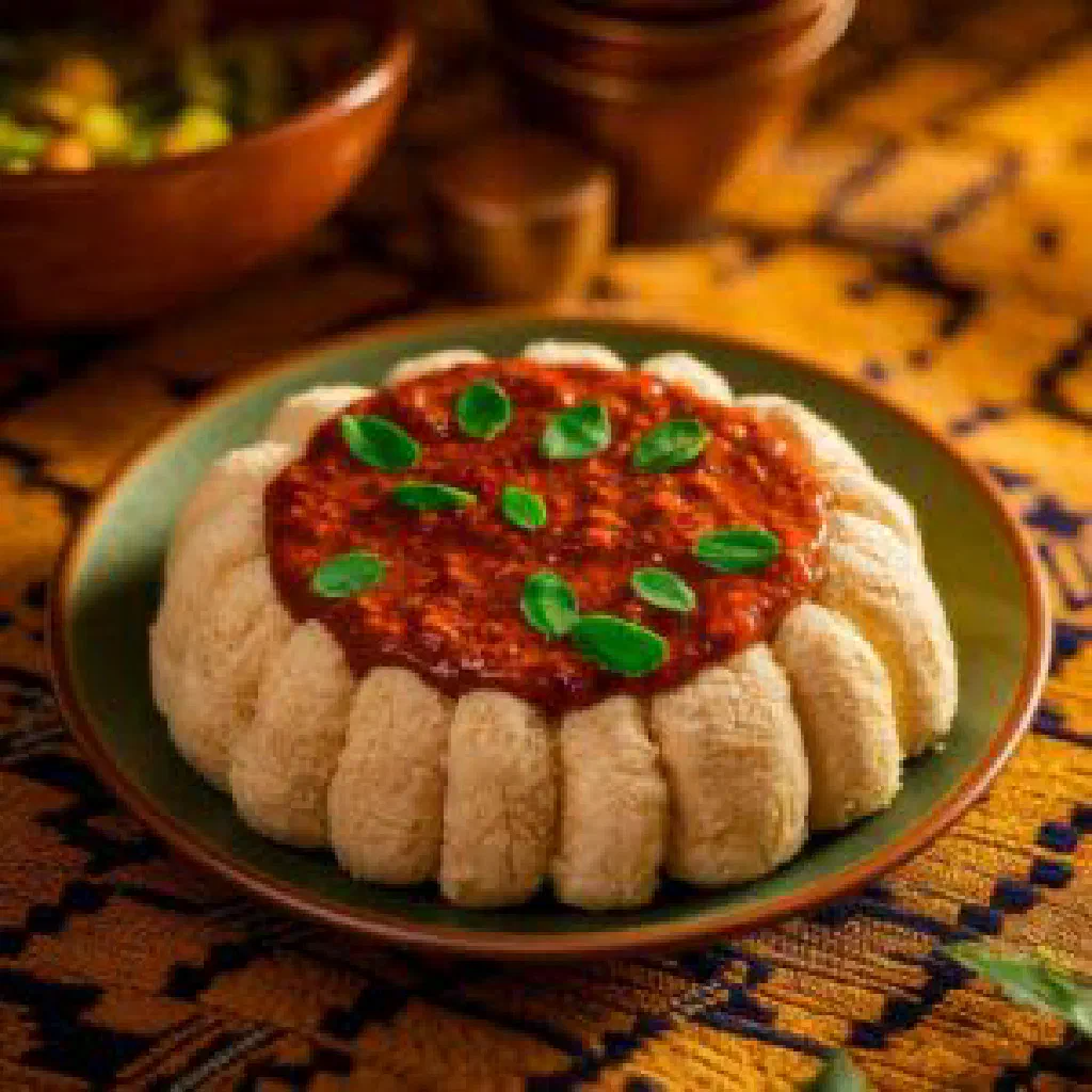 Bowl of Benin sauce feuilles made with cassava leaves and roasted peanuts