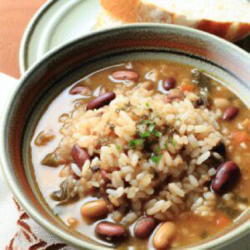 Bowl of tchakri with rice, black-eyed beans and fresh herbs