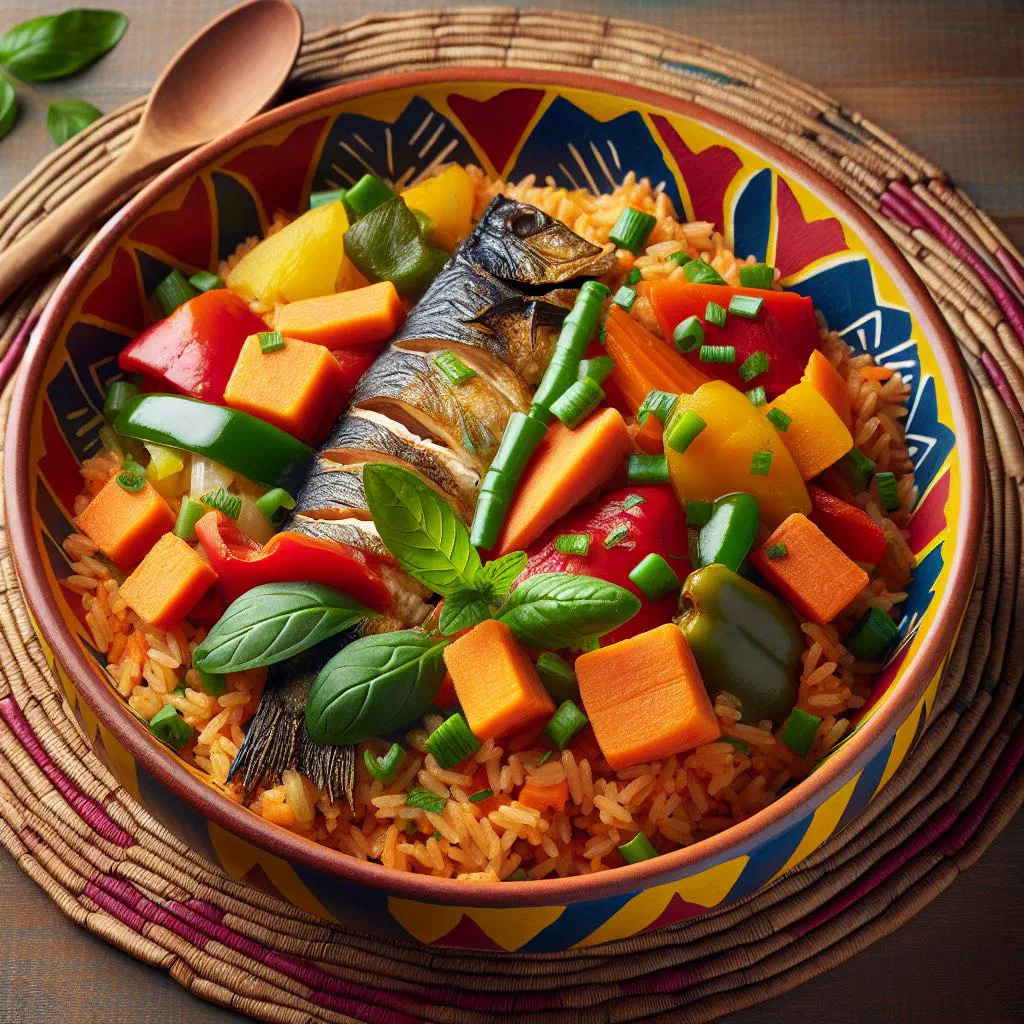 Tchèp with seasoned rice, tomatoes and grilled fish on a platter