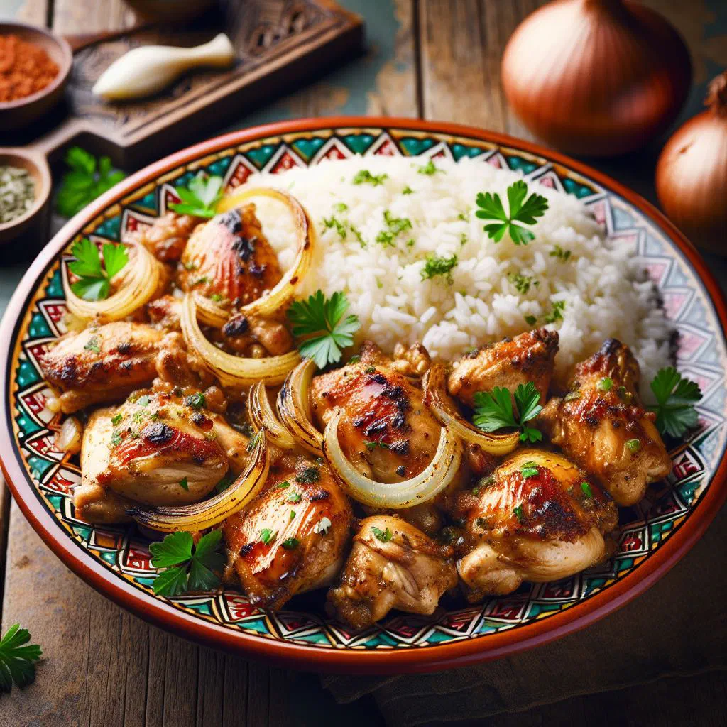 Yassa poulet with caramelised onions and lemon sauce served over rice