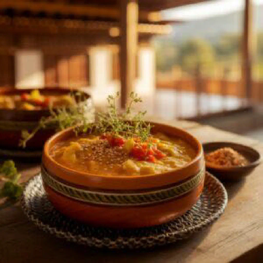 Bowl of Changpa, a Bhutanese yak meat stew garnished with fresh coriander