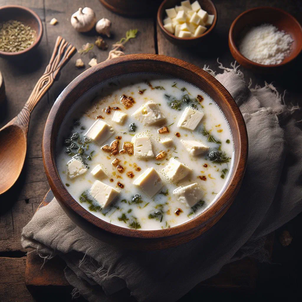 Bowl of Bhutanese chhurpi soup with potatoes and fresh herbs
