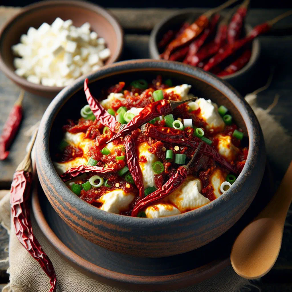 Creamy Bhutanese chogo datshi with melted cheese and green chillies in a bowl
