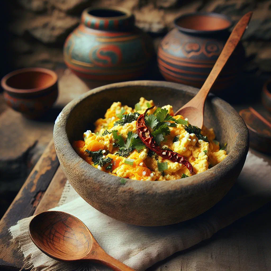 Bowl of Bhutanese datshi maru with chicken, green chillies and melted cheese