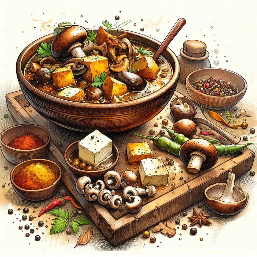 Creamy Bhutanese datshi with mushrooms and green chillies in a rustic bowl