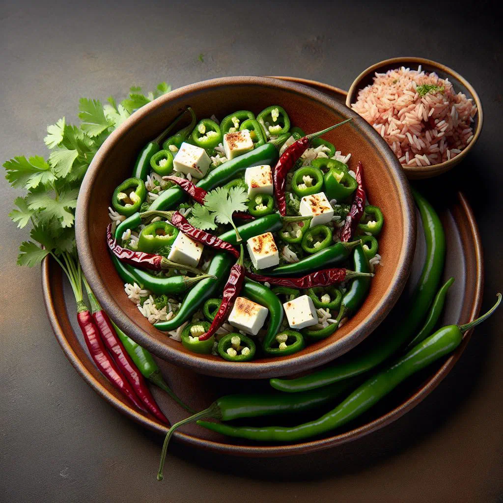 Ema datshi with green chillies in a creamy cheese sauce, served with red rice