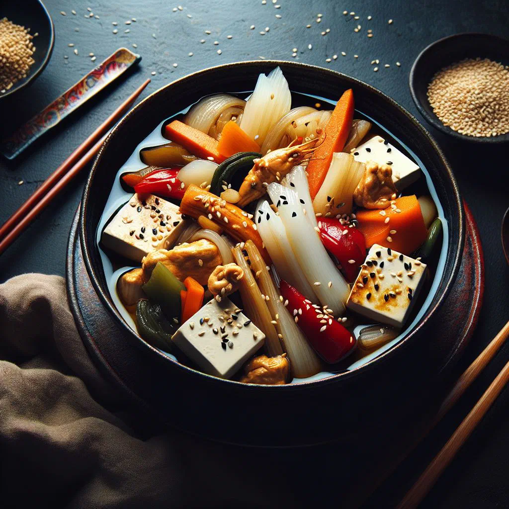 Bhutanese goen hogey with green vegetables and toasted sesame seeds in a bowl