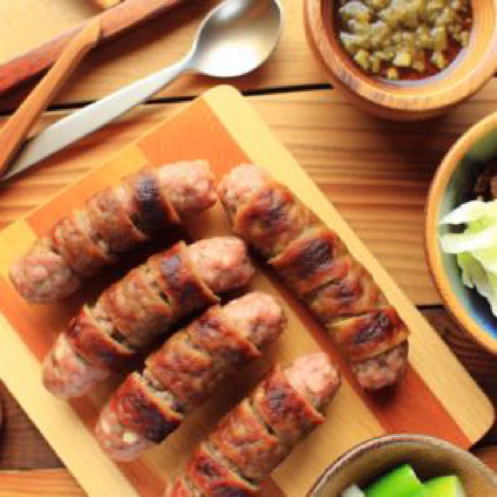 Sliced Bhutanese gyuma sausage served with rice and fresh vegetables