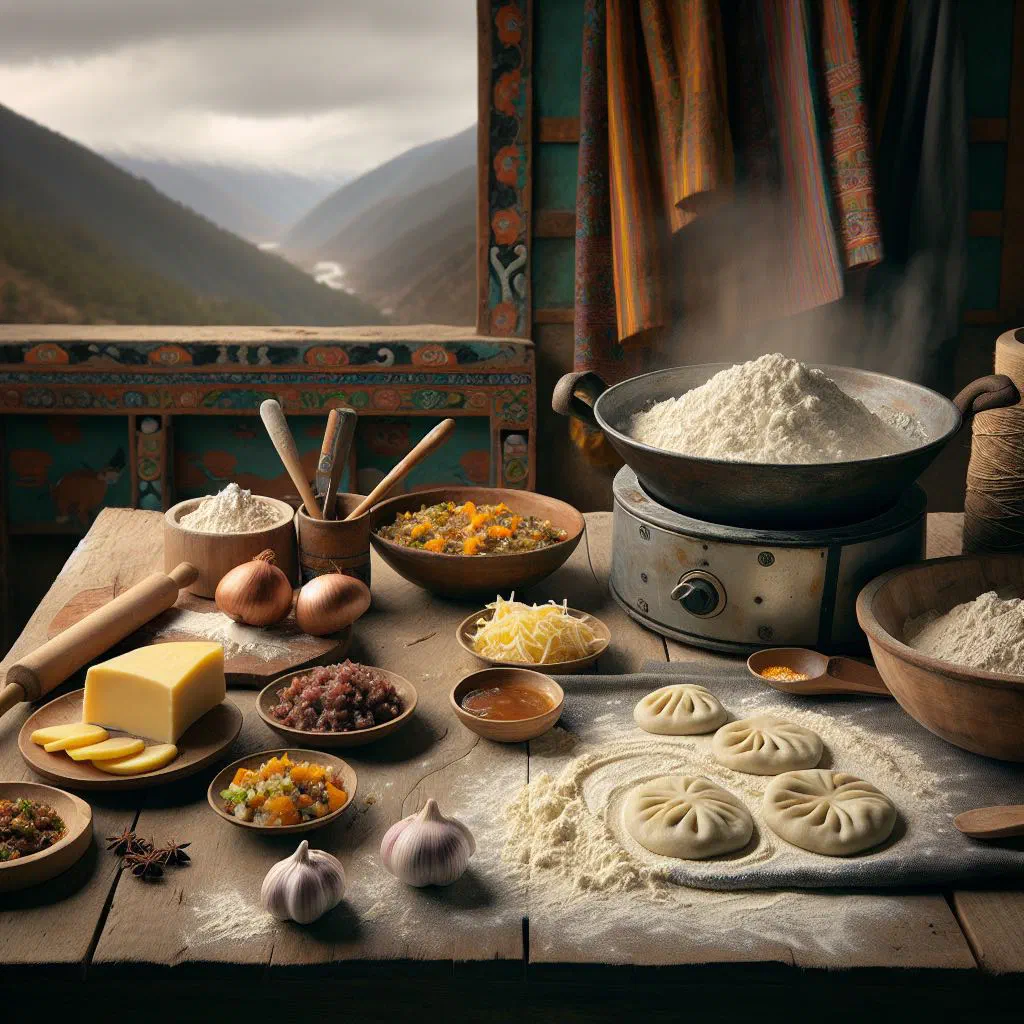 Golden-brown Bhutanese hoentay dumplings filled with leafy greens and cheese
