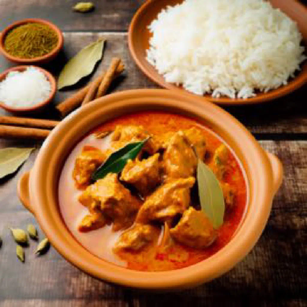 Bhutanese jasha maru chicken curry with fresh coriander and rice