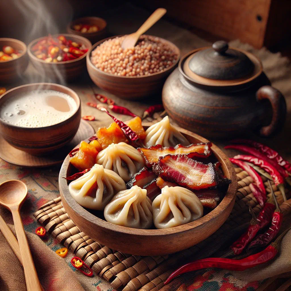 Golden buckwheat khur-le pancakes stacked on a plate with savoury sides