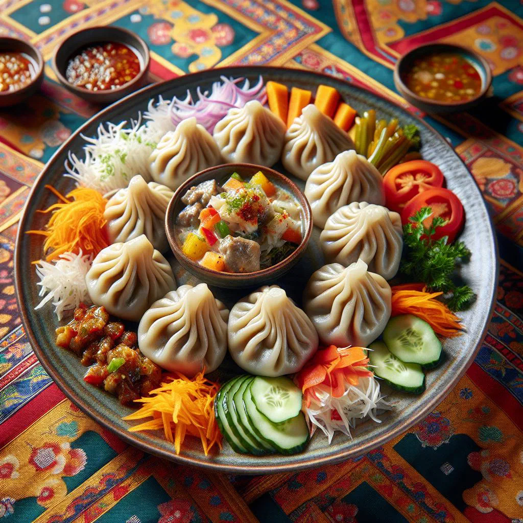 Steamed Bhutanese momo dumplings on a plate with chilli sauce