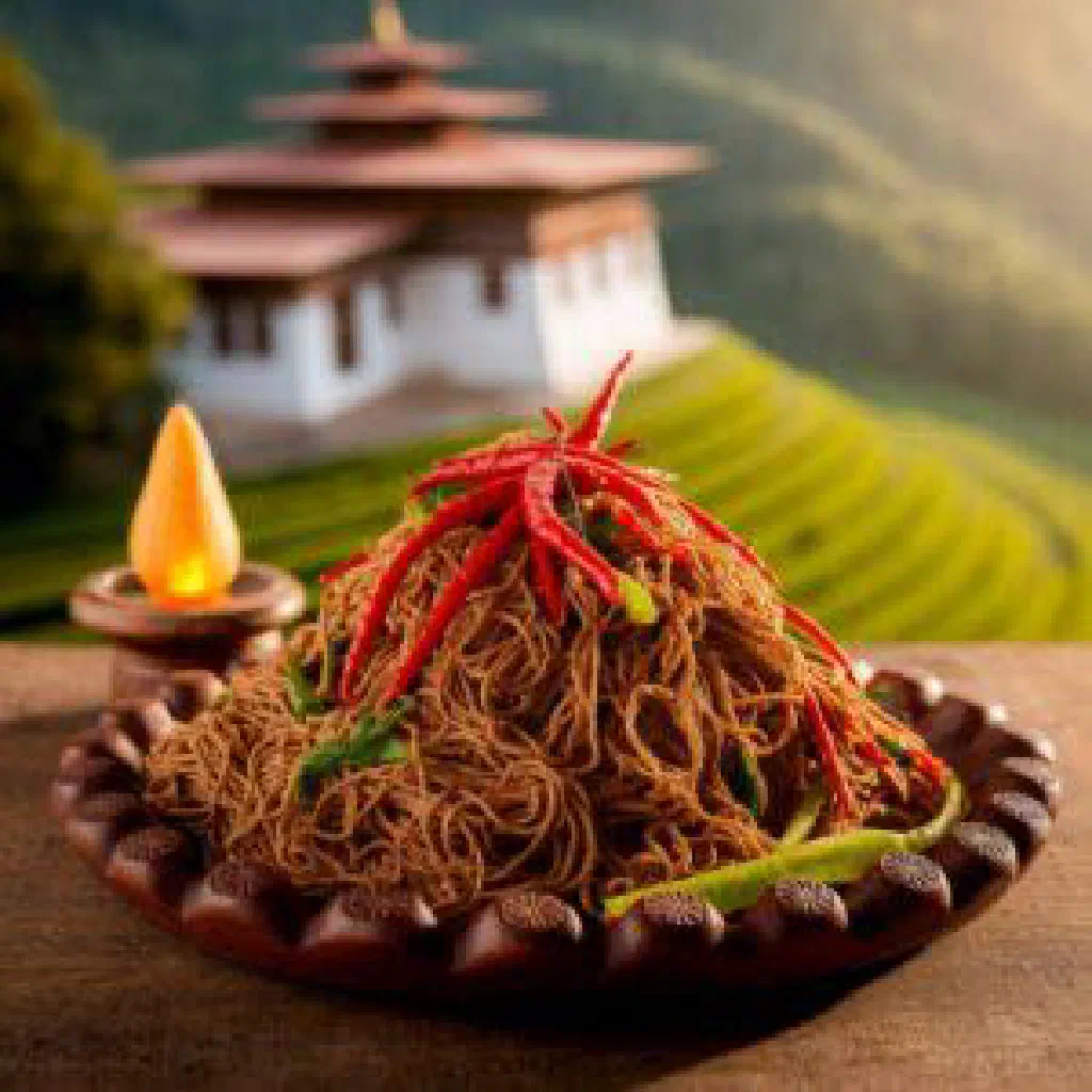 Bowl of Bhutanese paksha tsheringma with tender pork and green chillies