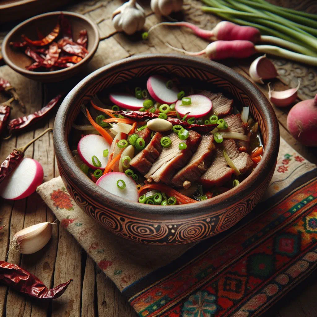 Bhutanese phaksha datsi with tender pork, chillies and melted cheese in a bowl