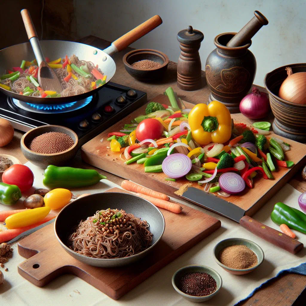 Bowl of Bhutanese puta maroo noodles with fresh vegetables and broth