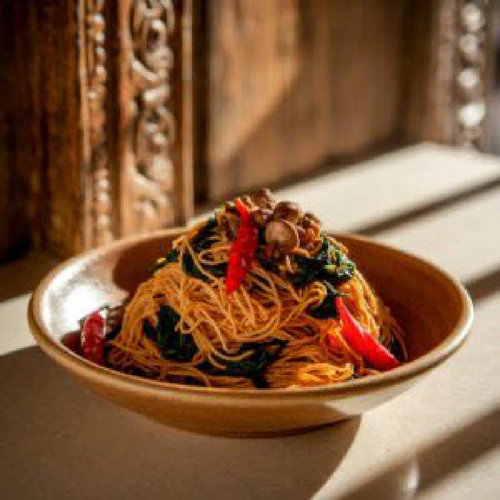 Bowl of Bhutanese puta with fresh vegetables and herbs