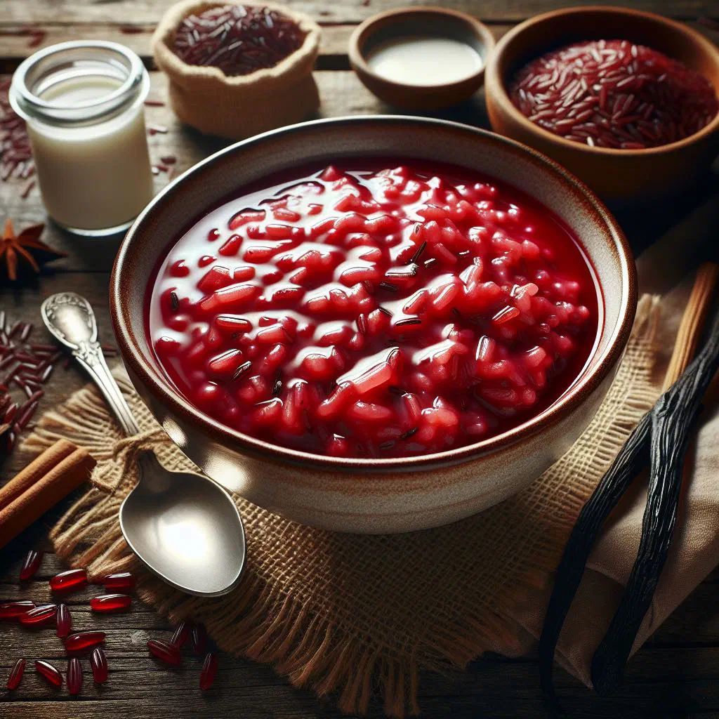 Creamy Bhutanese red rice pudding in a small bowl topped with fresh fruit