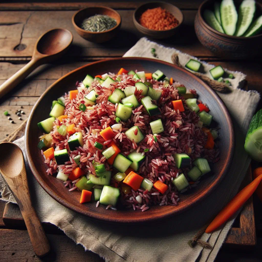 Bowl of Bhutanese red rice salad with cucumber, peppers and fresh coriander