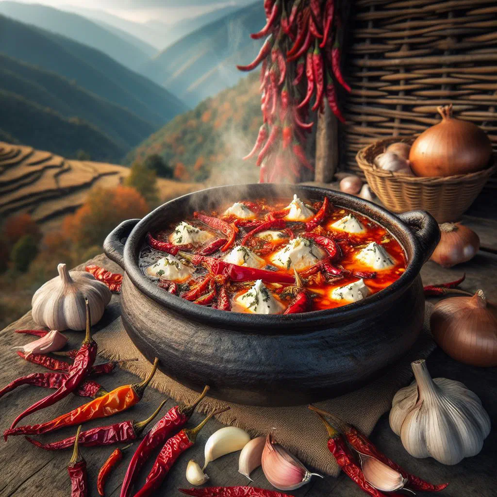 Shakam Ema Datshi with beef, green chillies and melted cheese in a bowl