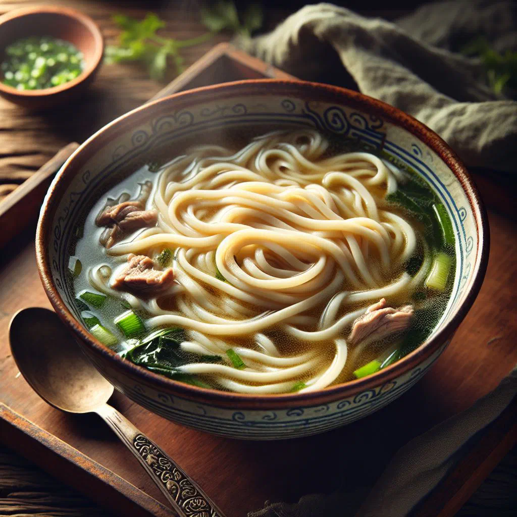 Bowl of Bhutanese thukpa bathup noodle soup with vegetables and fresh herbs