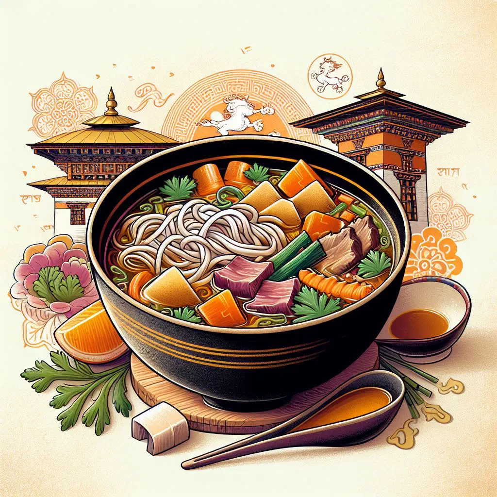 Steaming bowl of Bhutanese thukpa noodle soup with vegetables and fresh coriander