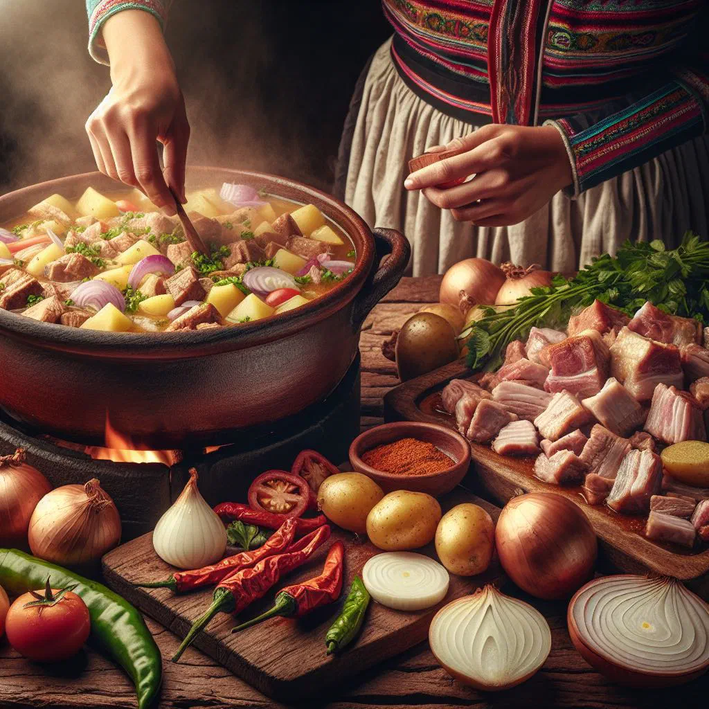 Bolivian ají de cerdo with tender pork in a spicy ají sauce and potatoes