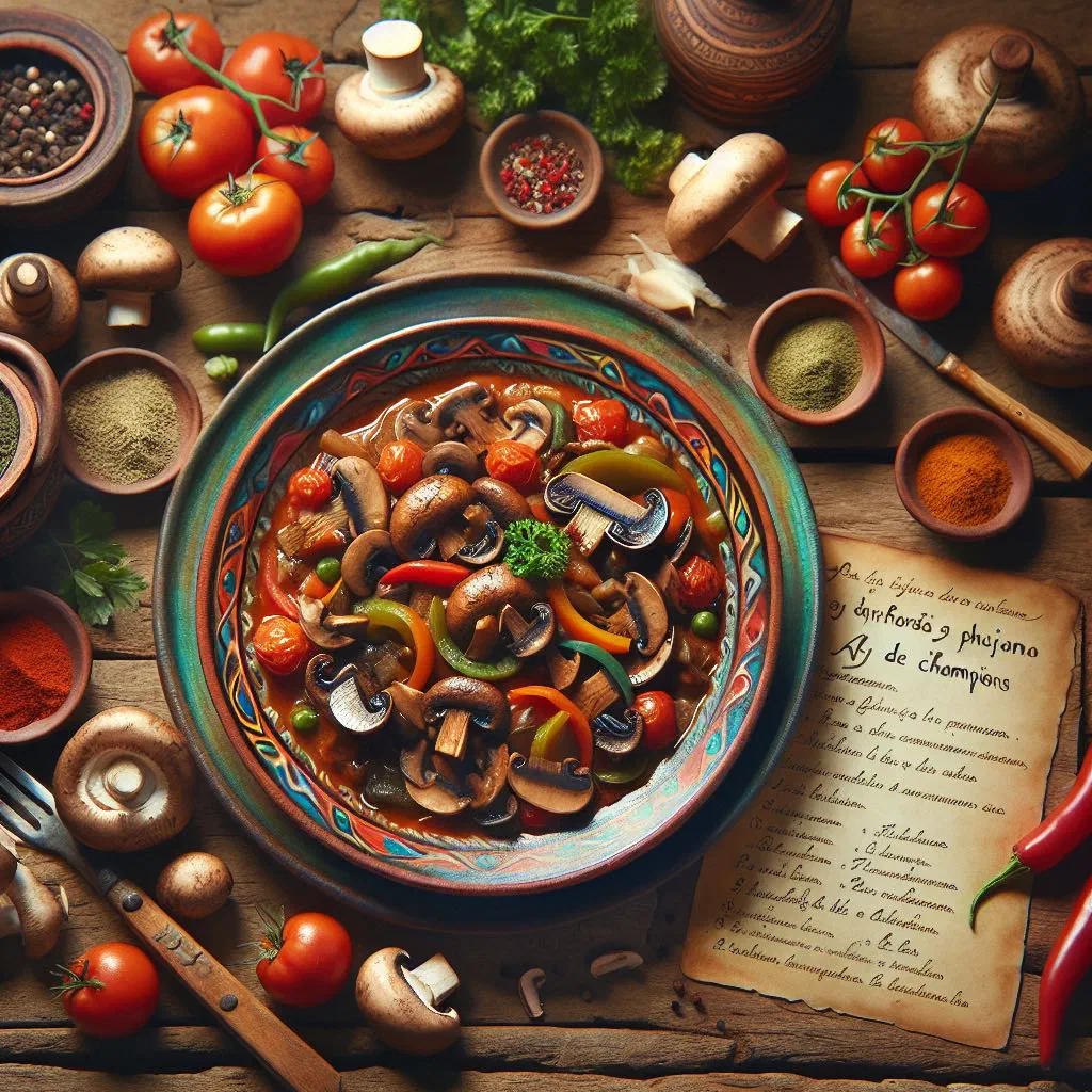 Mushrooms in a spicy ají sauce served over rice, garnished with parsley