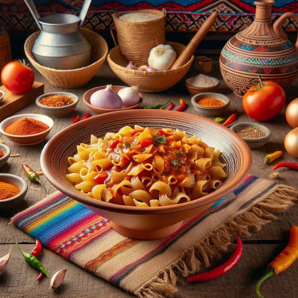 Bowl of ají de fideo with noodles in a spicy red sauce, garnished with fresh coriander