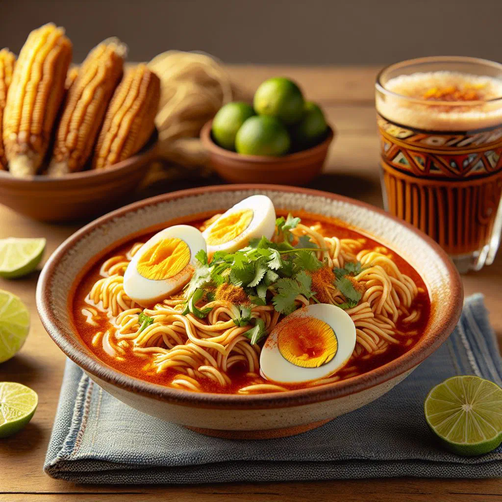 A bowl of Bolivian ají de fideos noodle soup garnished with fresh coriander