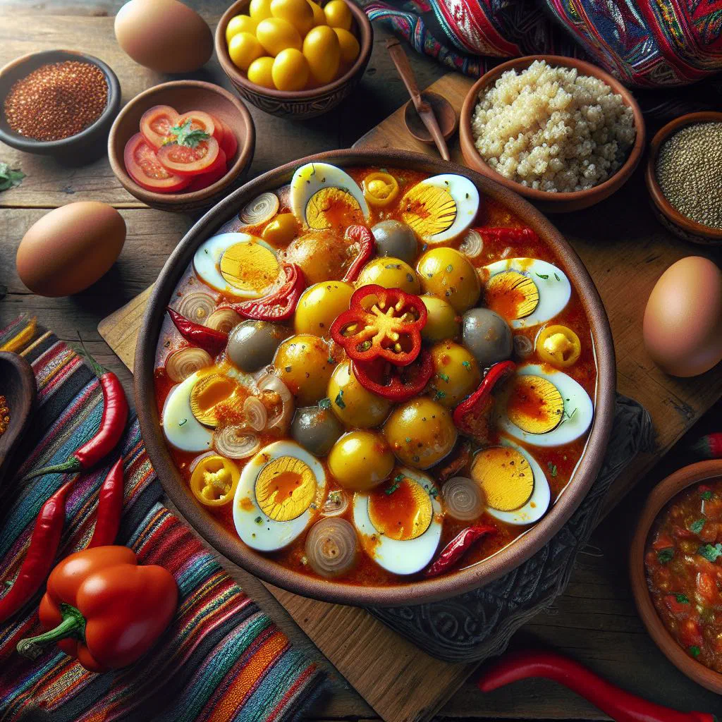 Ají de huevo with eggs in a spicy chilli-tomato sauce garnished with coriander