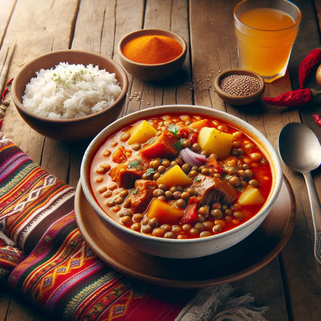 Bowl of Bolivian ají de lentejas lentil stew garnished with fresh coriander