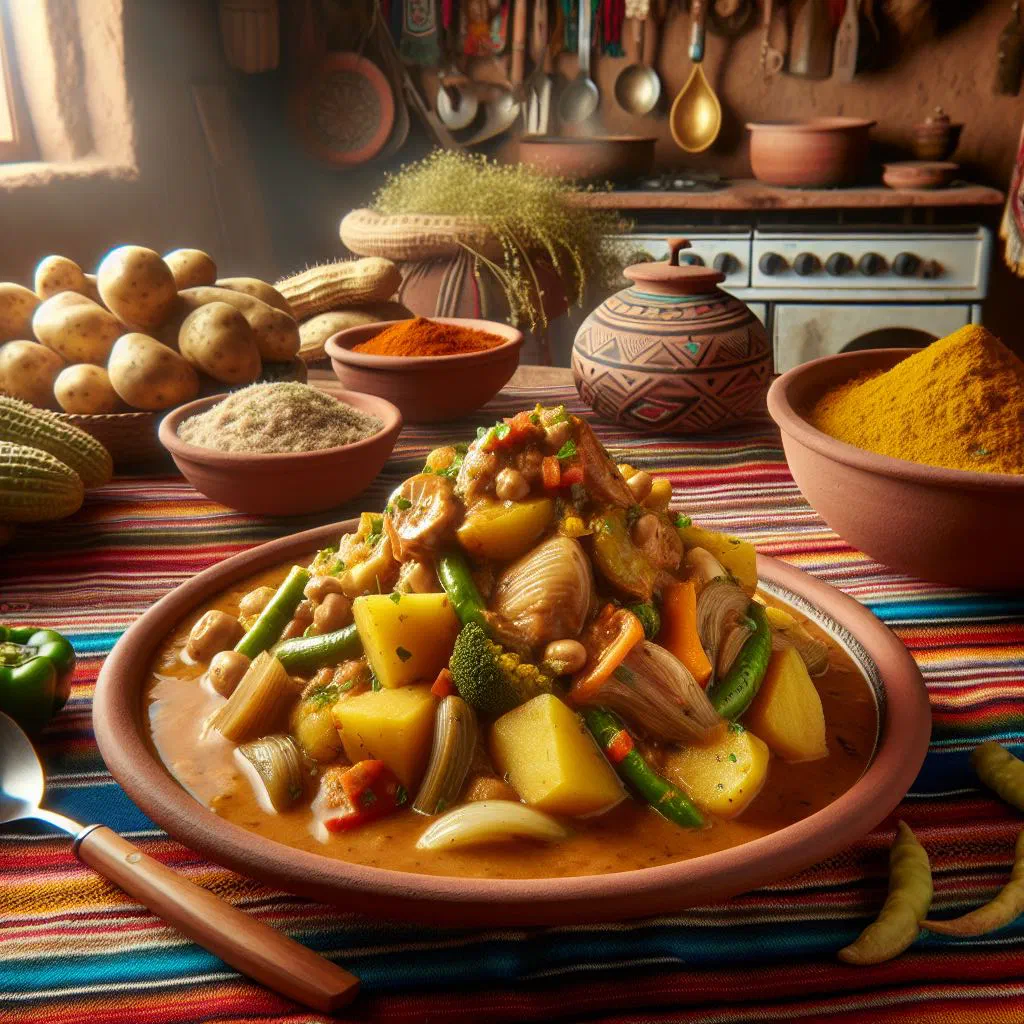 Bolivian ají de maní with tender chicken in a creamy peanut sauce, garnished with fresh coriander
