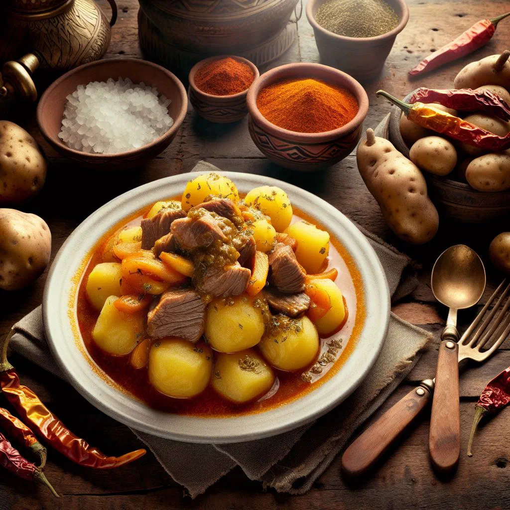 Bolivian ají de papa with potatoes in a spicy chilli sauce, garnished with fresh coriander