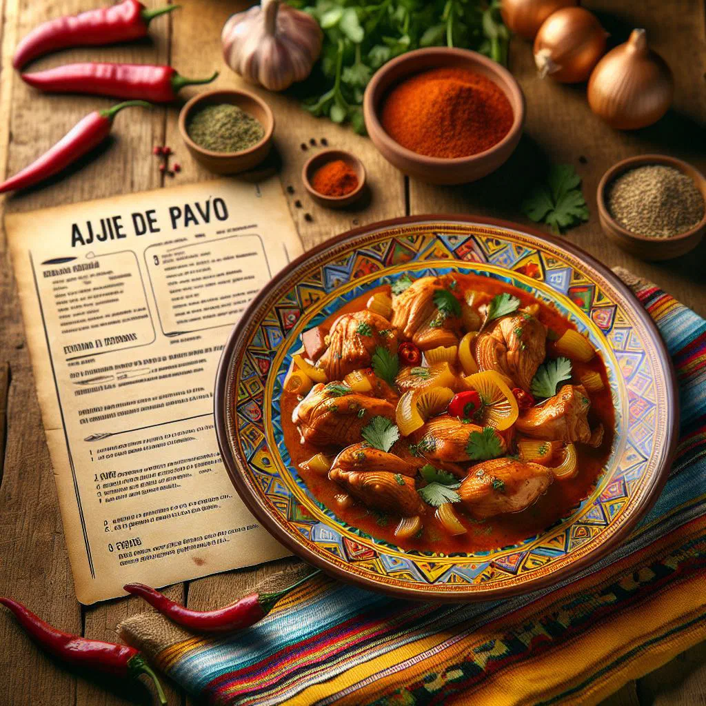 Bowl of Ají de Pavo with tender turkey in a spicy peanut and chilli sauce