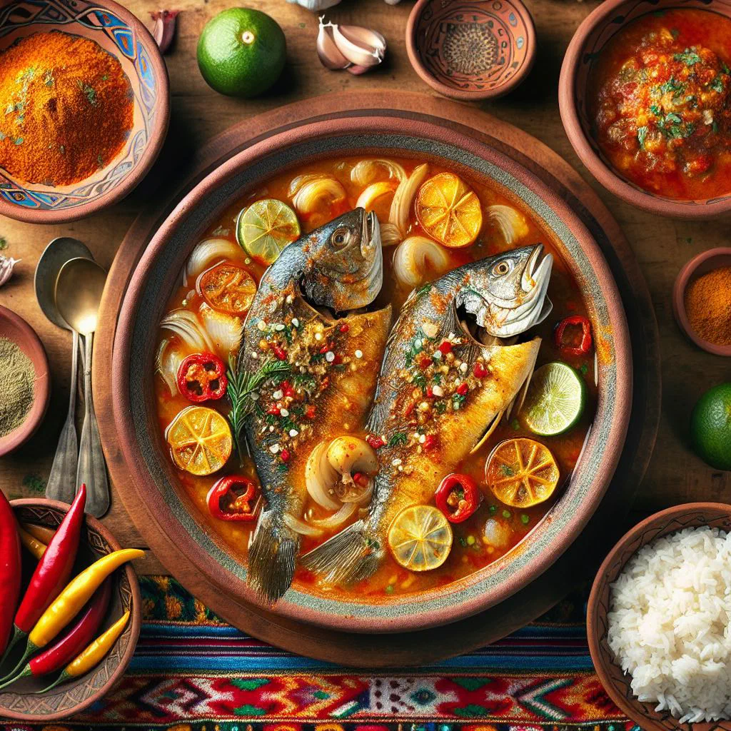 Pan-fried fish in a spicy ají sauce served with rice