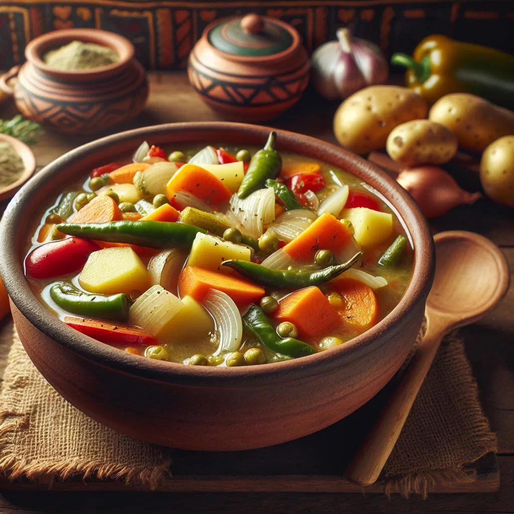 Colourful Bolivian ají de verduras vegetable stew garnished with fresh herbs