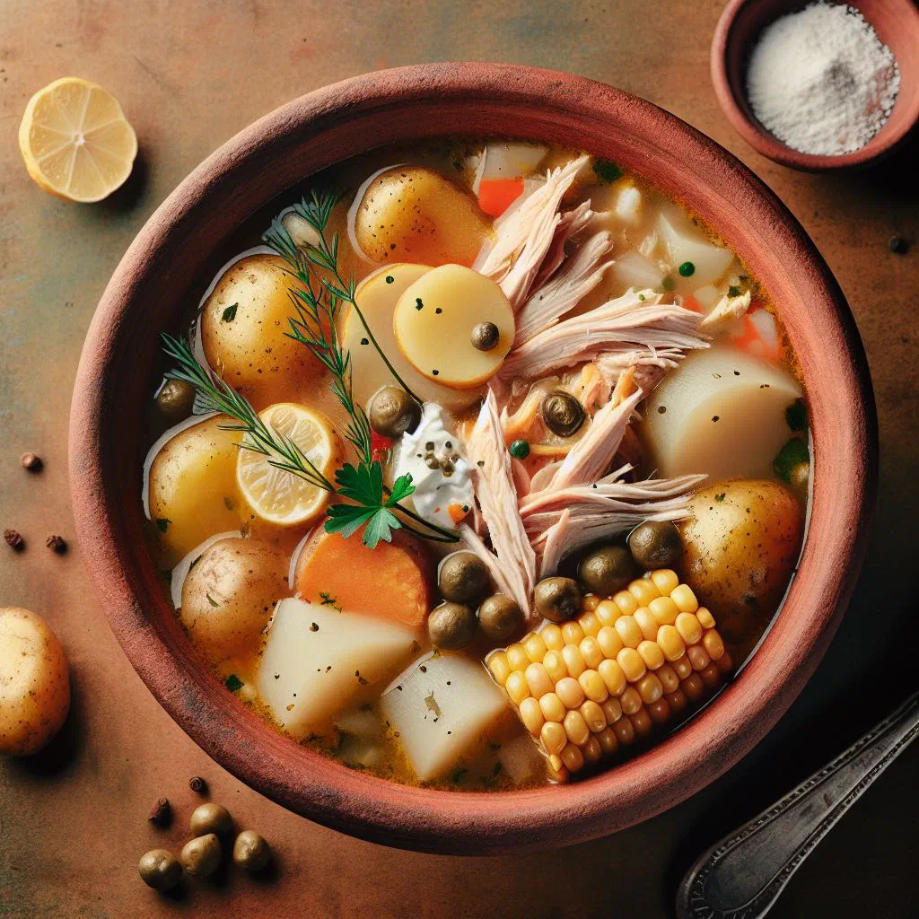 Bowl of Bolivian ajiaco soup with potatoes, meat and fresh herbs