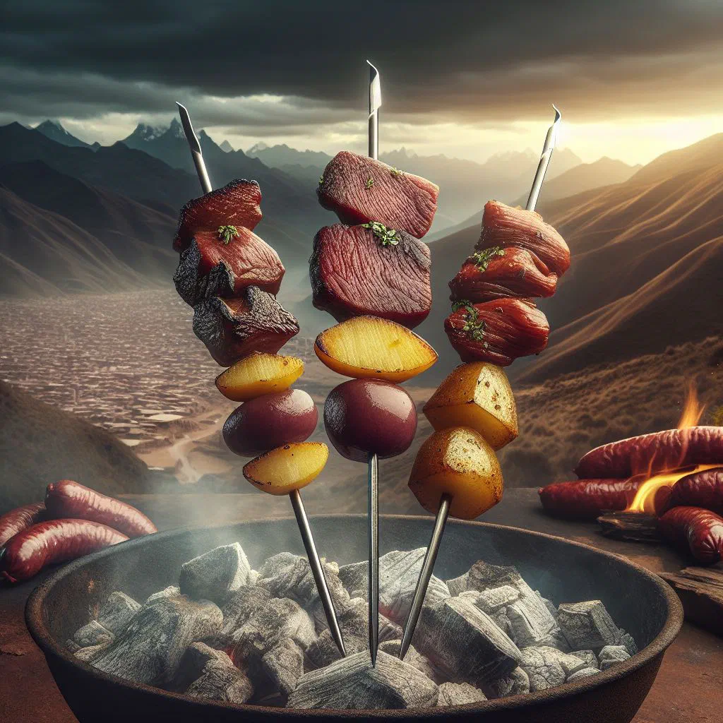 Grilled beef heart anticucho skewers served with aji sauce