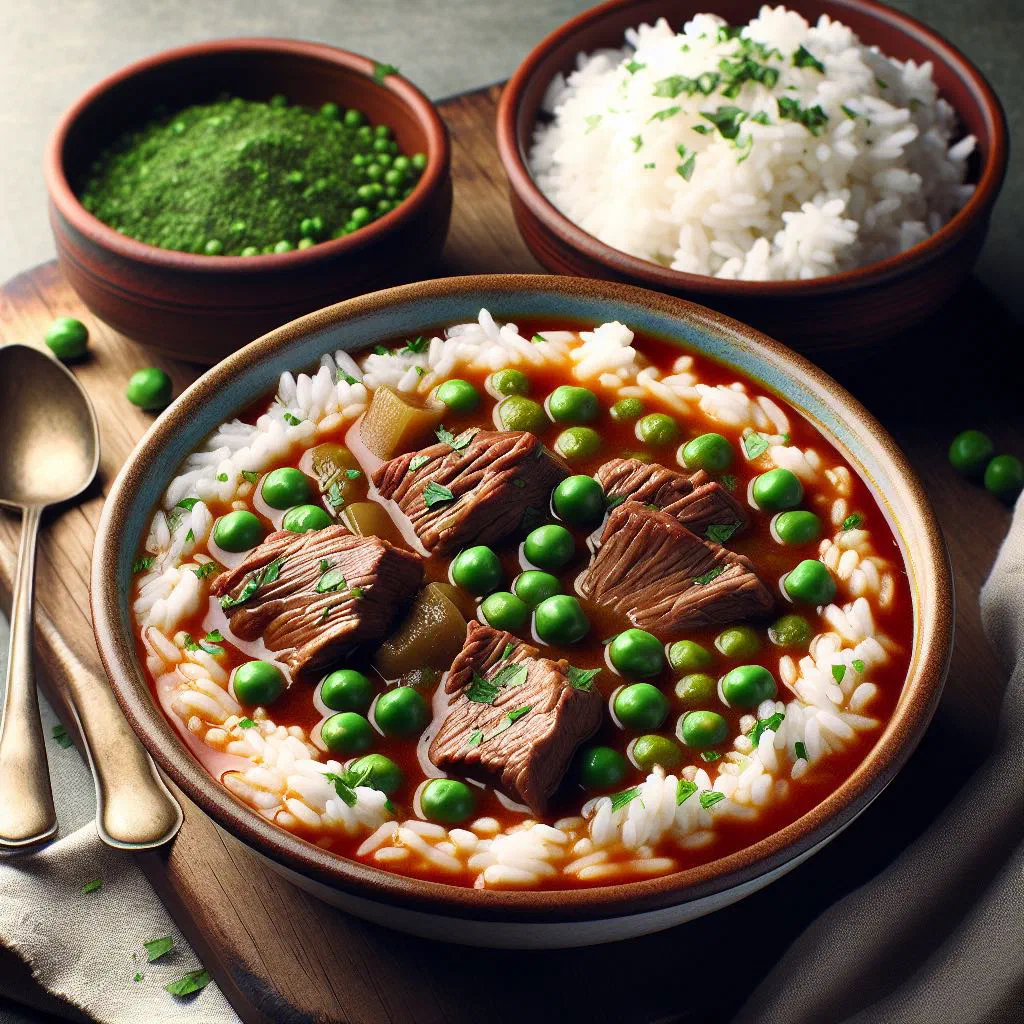 A bowl of arvejada with green peas, rice and tender pieces of meat