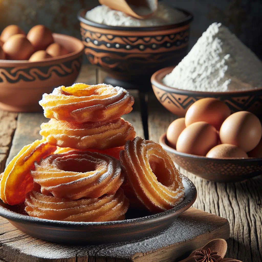 Golden fried Buñuelos dusted with sugar and drizzled with honey