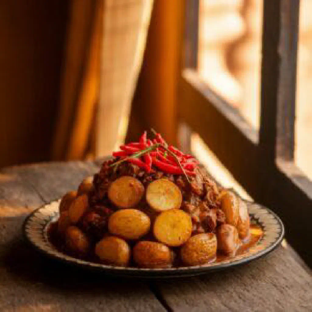 A rustic bowl of Calapurka stew with quinoa, potatoes and meat, garnished with fresh herbs