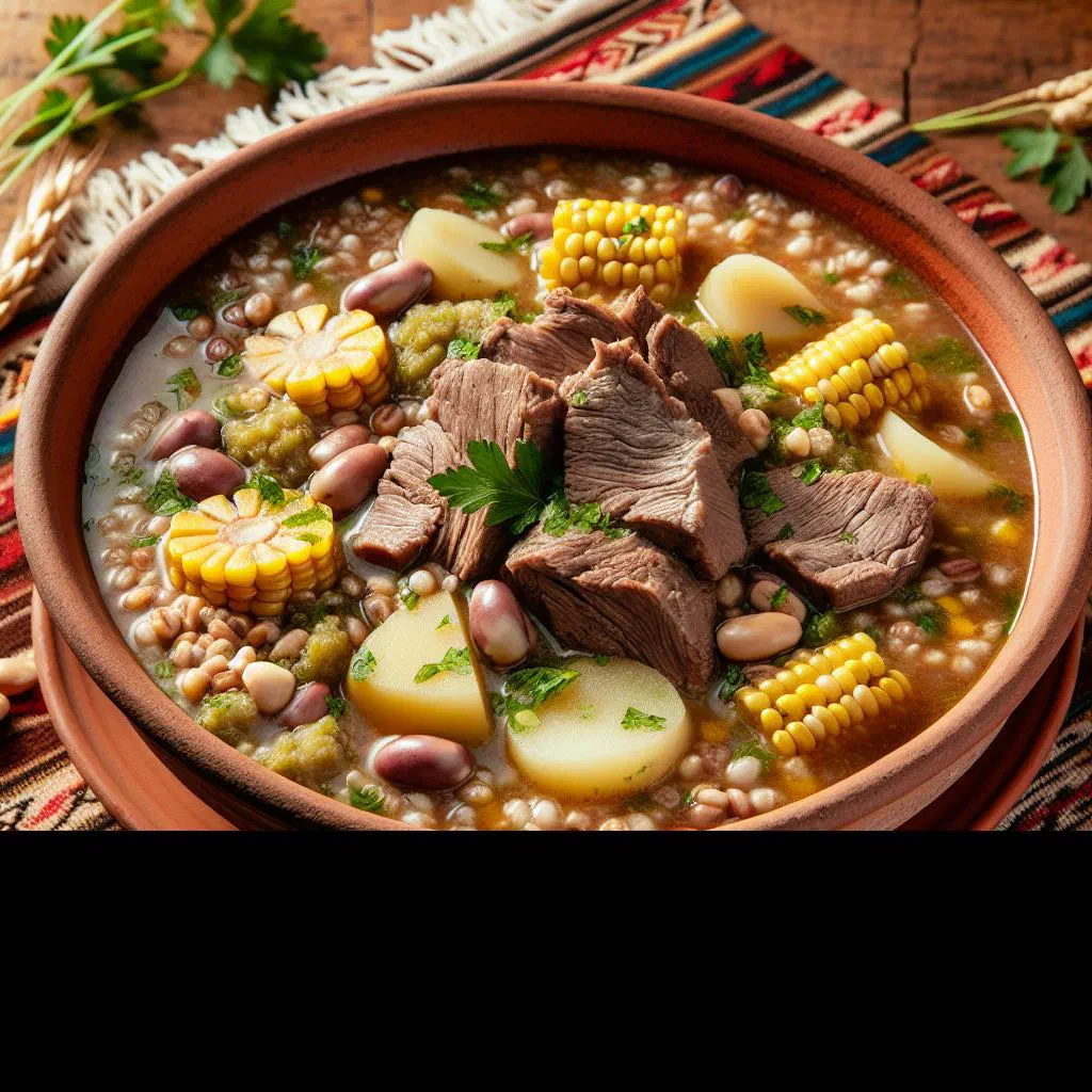 A steaming bowl of Chairo Paceño with beef, vegetables and quinoa