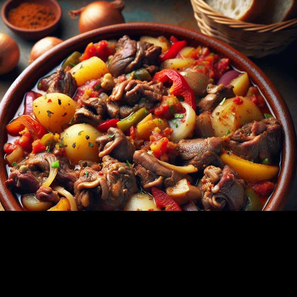 Bowl of Bolivian chanfaina with spiced meat and rice garnished with fresh herbs