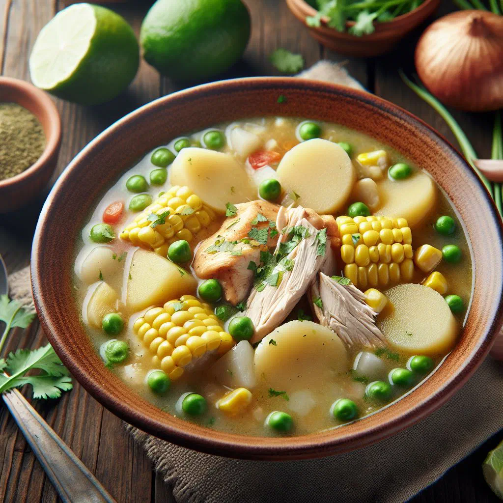 Chanka de pollo chicken stew with potatoes and fresh herbs in a bowl