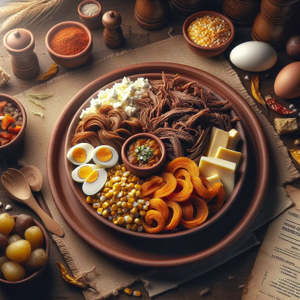 Charquekan with shredded dried beef, boiled potatoes and toasted peanuts