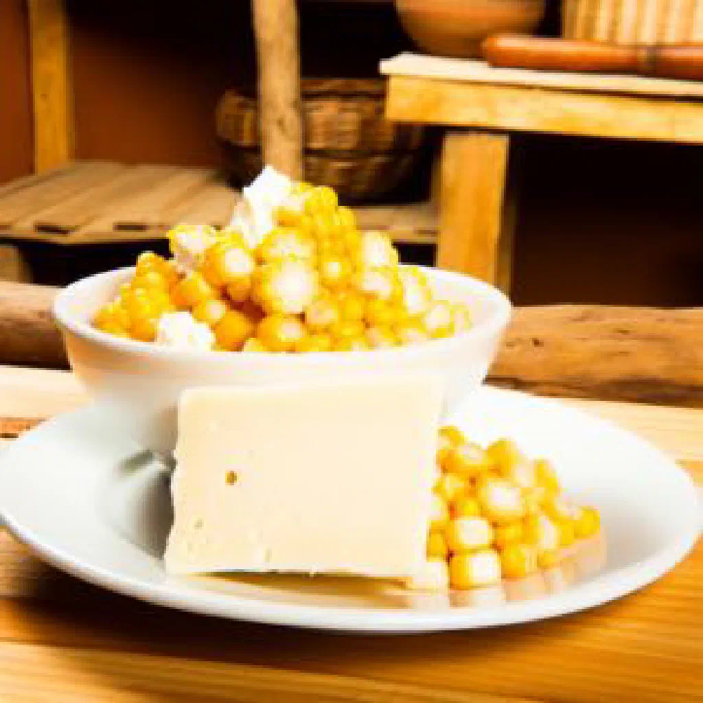 Bolivian choclo con queso with sweet corn kernels and melted cheese